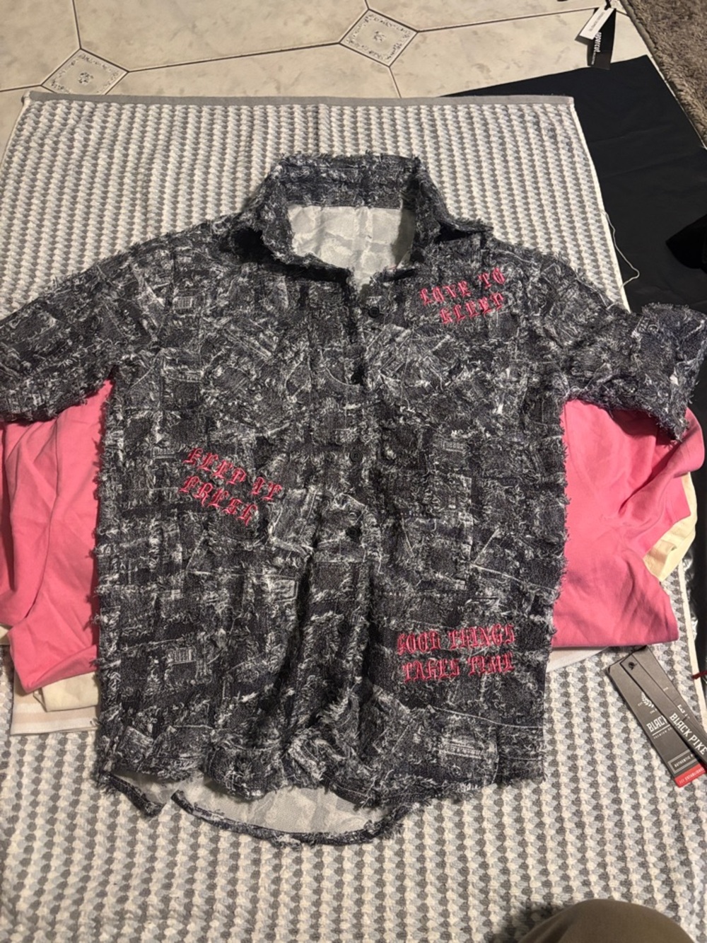 Men's Textured Black & Gray Dress Shirt with Pink Embroidery